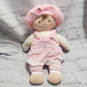 Gund Baby My First Dolly Plush Doll 14" Embroidered Brunette Pink Dress 319893